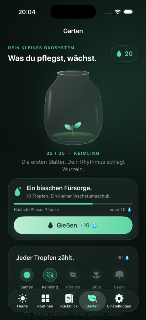 ByRoutine Screenshot: Garten-Ansicht mit wachsendem Keimling im Glas und Gieß-Interaktion